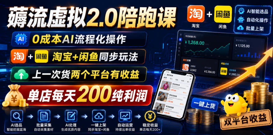 薅流虚拟2.0陪跑课，0成本AI流程化操作，淘宝+闲鱼同步玩法，上一次货两个平台有收益，单店每天200纯利润-摇钱树