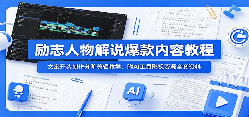 励志人物解说爆款内容教程：文案开头创作分阶剪辑教学，附AI 工具影视资源全套资料-摇钱树