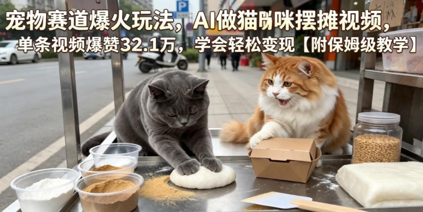 宠物赛道爆火玩法,AI做猫咪摆摊视频,单条视频爆赞32.1万,学会轻松变现【附保姆级教学】-金字塔