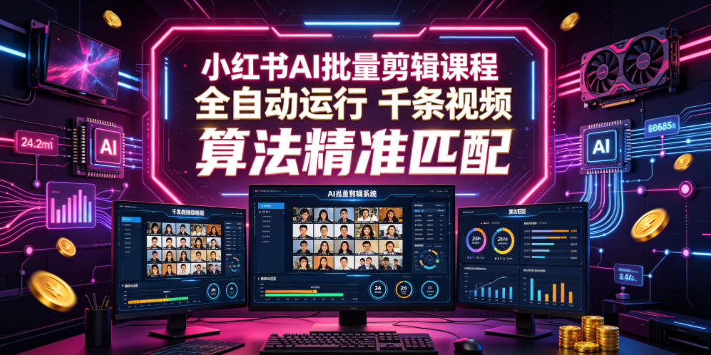 小红书AI批量剪辑课程，24小时全自动运行，解放双手专注运营，千条视频批量处理，小红书算法精准匹配-摇钱树
