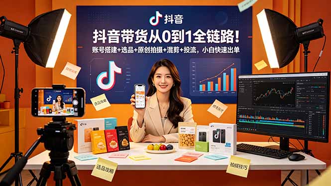 抖音带货从0到1全链路!账号搭建+选品+原创拍摄+混剪+投流,小白快速出单-摇钱树