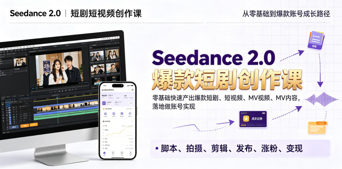 Seedance 2.0短剧短视频创作课，零基础快速产出爆款短剧、短视频、MV内容，落地做账号实现变现-摇钱树