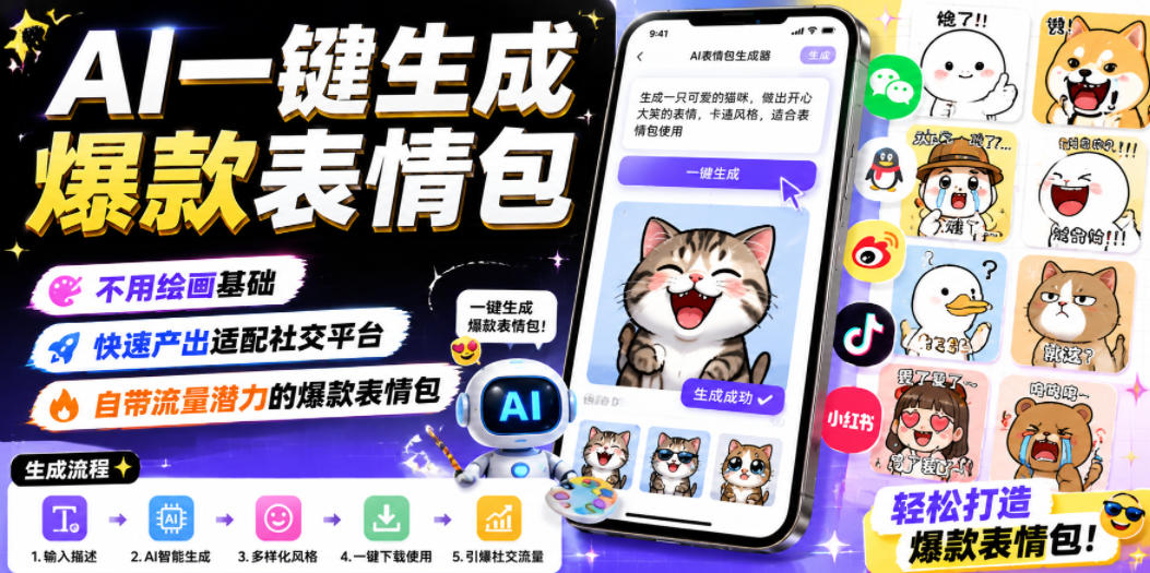 AI一键生成爆款表情包,不用绘画基础,快速产出适配社交平台,自带流量潜力的爆款表情包-摇钱树