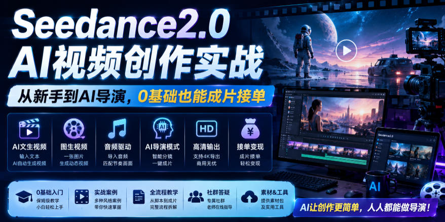 Seedance2.0 AI视频创作实战,从新手到AI导演,0基础也能成片接单变现-摇钱树