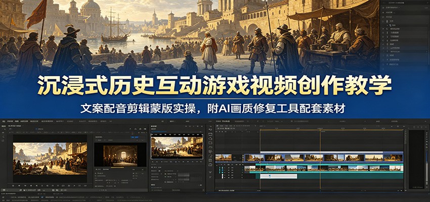 沉浸式历史互动游戏视频创作教学:文案配音剪辑蒙版实操,附AI画质修复工具配套素材-摇钱树