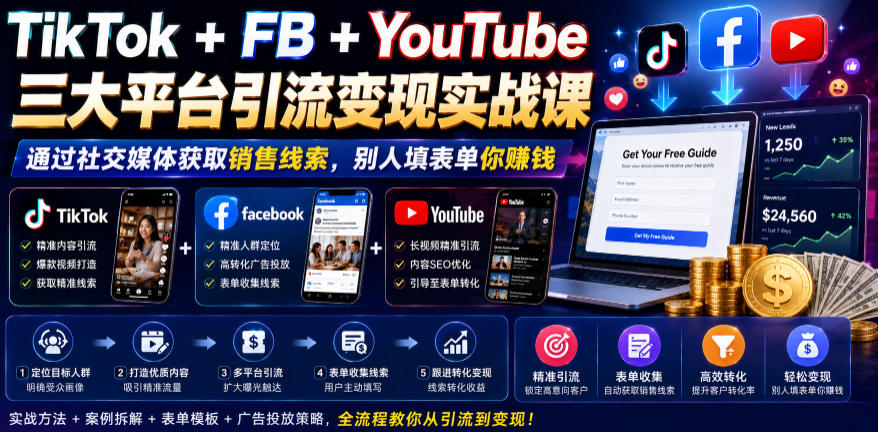 TikTok+FB+YouTube三大平台引流变现实战课，通过社交媒体获取销售线索，别人填表单你賺钱【原创双语字幕】-金字塔