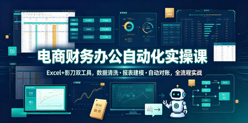 电商财务办公自动化实操课,Excel+影刀双工具,数据清洗・报表建模・自动对账,全流程实战-摇钱树