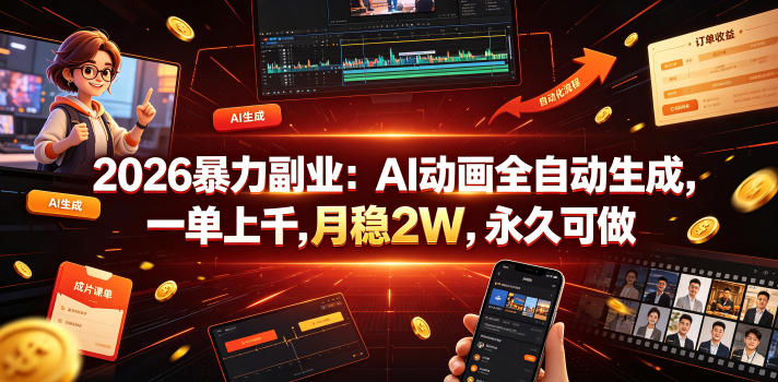 2026暴力副业：AI动画全自动生成，一单上千，月稳2W，永久可做【揭秘】-摇钱树
