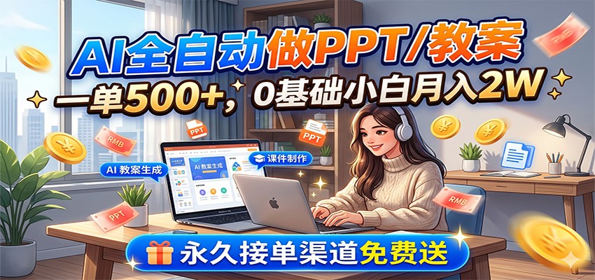 AI全自动做PPT/教案，一单500+，0基础小白月入2W，永久接单渠道免费送-摇钱树