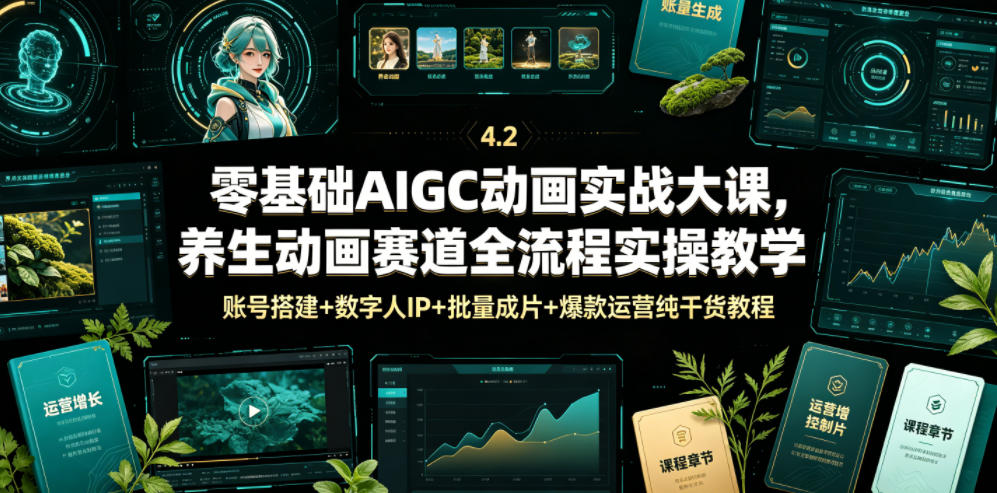 零基础AIGC动画实战大课，养生动画赛道全流程实操教学，账号搭建+数字人IP+批量成片+爆款运营纯干货教程-摇钱树