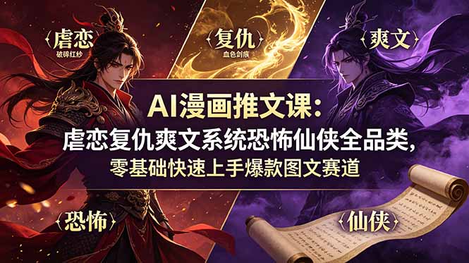 AI漫画推文课：虐恋复仇爽文系统恐怖仙侠全品类，零基础快速上手爆款图文赛道-轻创驿站