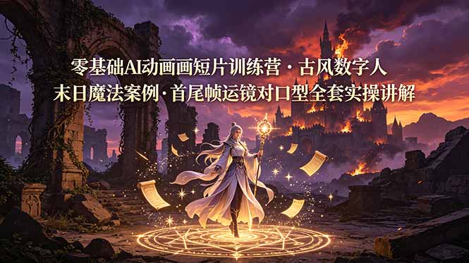 零基础AI动画短片训练营，古风数字人末日魔法案例，首尾帧运镜对口型全套实操讲解-摇钱树