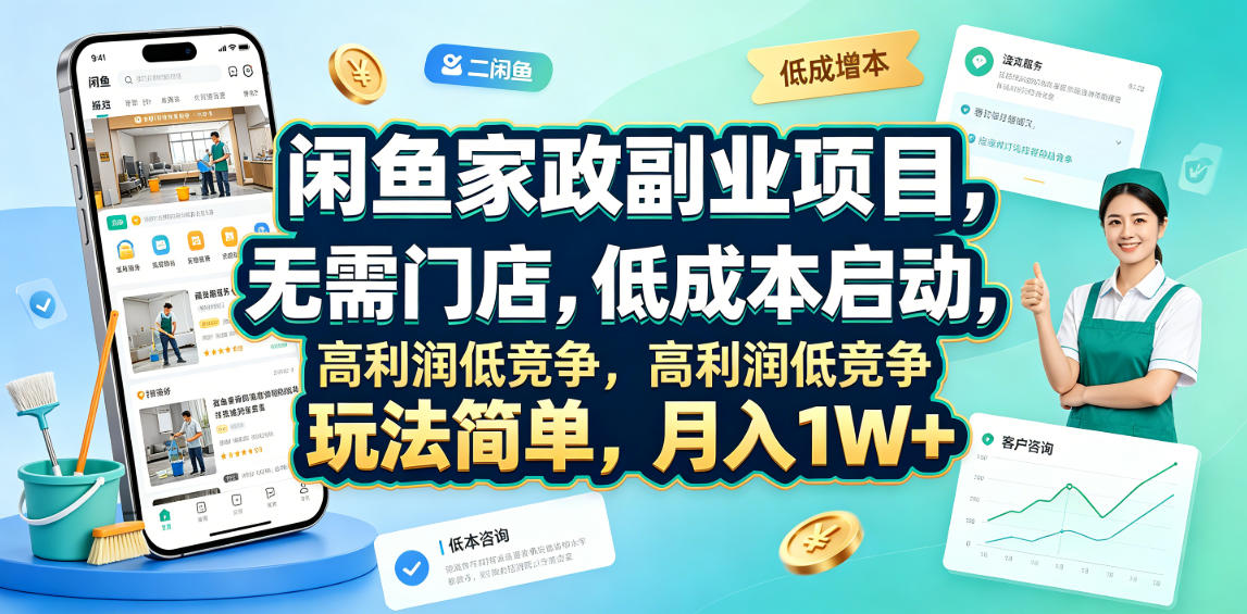 闲鱼家政副业项目，无需门店，低成本启动，高利润低竞争，玩法简单，月入1W+-财哥网创-全网最新项目自助网站