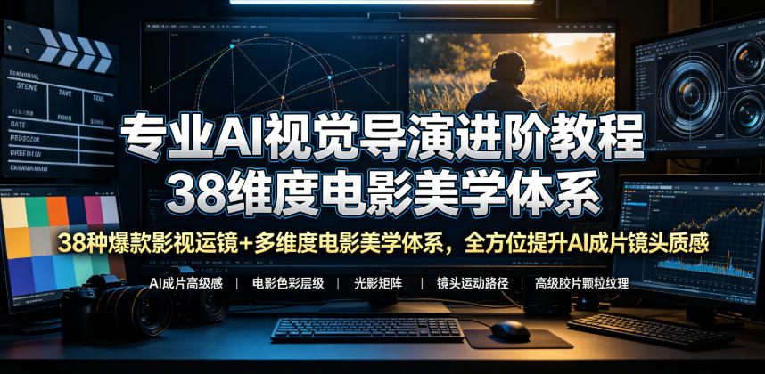 专业AI视觉导演进阶教程，38种爆款影视运镜+多维度电影美学体系，全方位提升AI成片高级感与镜头质感-摇钱树