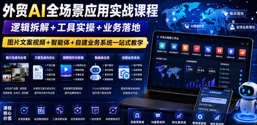 外贸AI全场景应用实战课程｜逻辑拆解+工具实操+业务落地，图片文案视频+智能体+自建业务系统一站式教学-轻创驿站