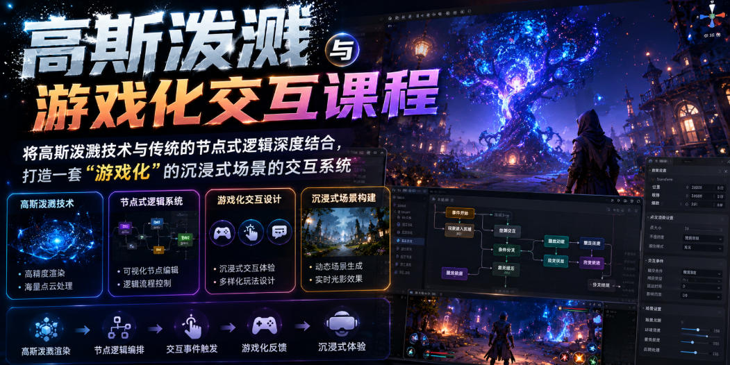 高斯泼溅与游戏化交互课程，将高斯泼溅技术与传统的节点式逻辑深度结合，打造一套“游戏化”的沉浸式场景的交互系统-徕钱快
