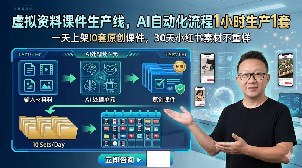 虚拟资料课件生产线，AI自动化流程1小时生产1套，一天上架10套原创课件，30天小红书素材不重样-摇钱树
