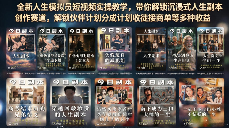 全新人生模拟员短视频实操教学，带你解锁沉浸式人生副本创作赛道，解锁伙伴计划分成计划收徒接商单等多种收益-摇钱树