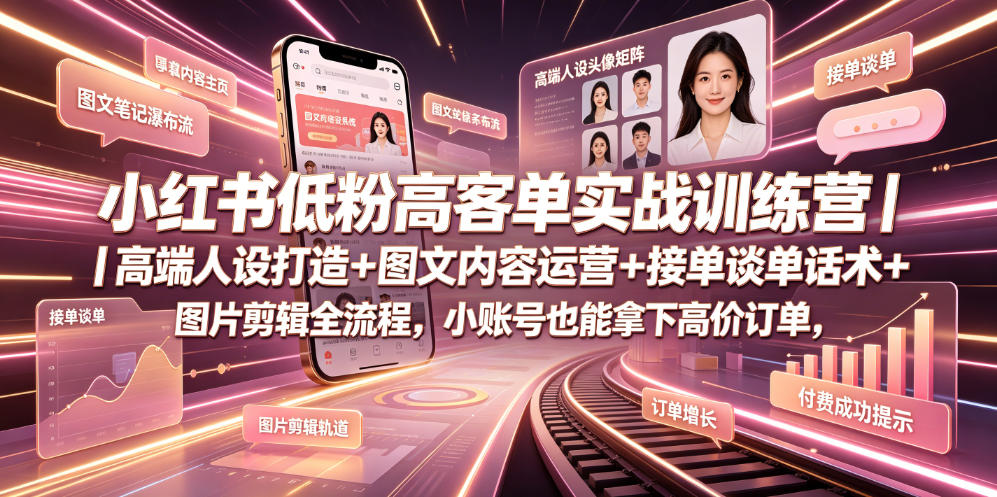 小红书低粉高客单实战训练营｜高端人设打造+图文内容运营+接单谈单话术+图片剪辑全流程，小账号也能拿下高价订单-钱眼网
