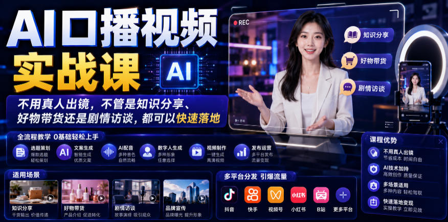 AI口播视频实战课，不用真人出镜，不管是知识分享、好物带货还是剧情访谈，都可以快速落地-摇钱树