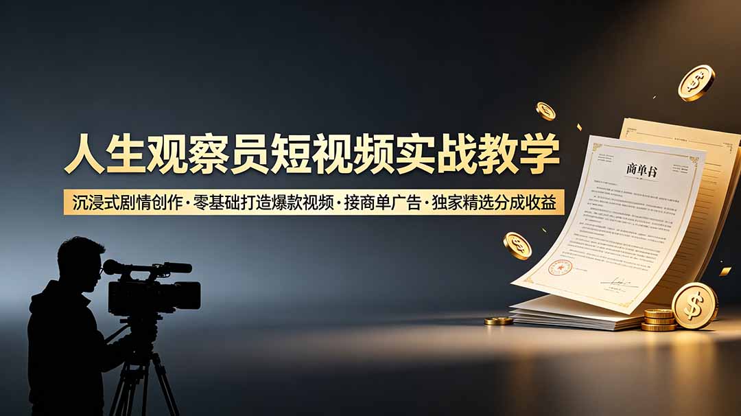 人生观察员短视频实战教学，沉浸式剧情创作，零基础打造爆款视频，接商单广告，独家精选分成收益-徕钱快