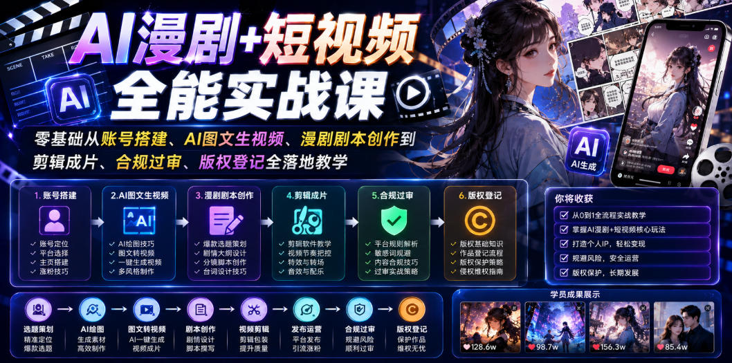 AI漫剧+短视频全能实战课｜零基础从账号搭建、AI图文生视频、漫剧剧本创作到剪辑成片、合规过审、版权登记全落地教学-摇钱树