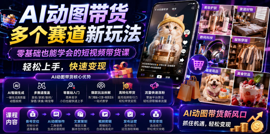 AI动图带货多个赛道新玩法，零基础也能学会的短视频带货课，轻松上手，快速变现-摇钱树