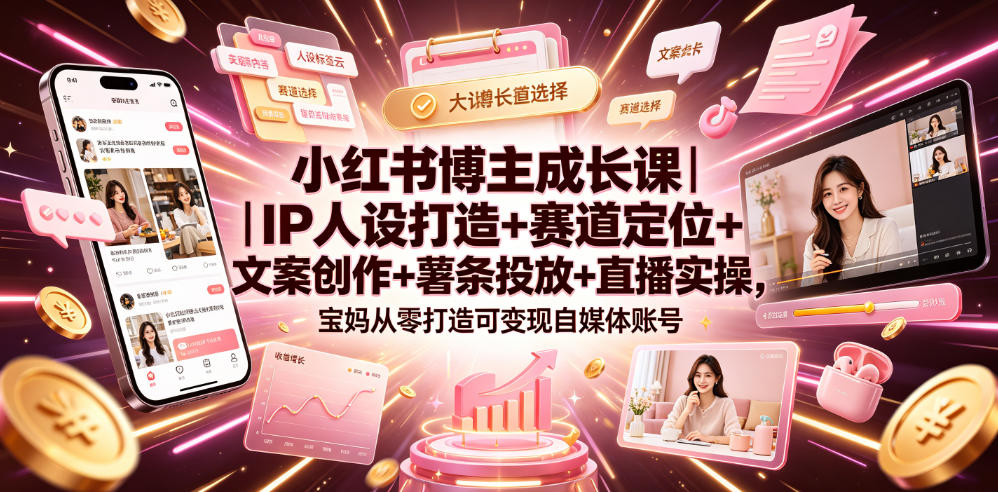 小红书博主成长课｜IP人设打造+赛道定位+文案创作+薯条投放+直播实操，宝妈从零打造可变现自媒体账号-徕钱快