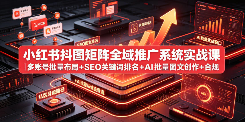 小红书抖图矩阵全域推广系统实战课|多账号批量布局+SEO关键词排名+AI批量图文创作+合规私域导流完整落地教程-轻创驿站