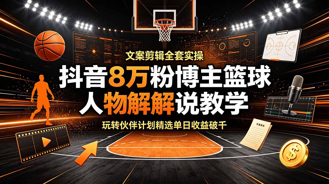 抖音8万粉博主篮球人物解说教学,文案剪辑全套实操,玩转伙伴计划精选单日收益破千-摇钱树