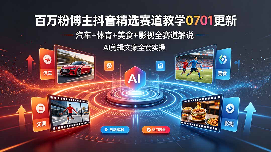 百万粉博主抖音精选赛道教学-0701更新,汽车+体育+美食+影视全赛道解说,AI剪辑文案全套实操-徕钱快