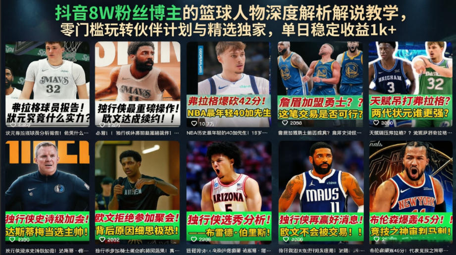 抖音8W粉丝博主的篮球人物深度解析解说教学，零门槛玩转伙伴计划与精选独家，单日稳定收益1k+-摇钱树