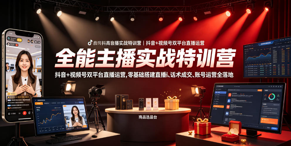 全能主播实战特训营|抖音+视频号双平台直播运营,零基础搭建直播间、精准选品、话术成交、账号运营全落地-摇钱树