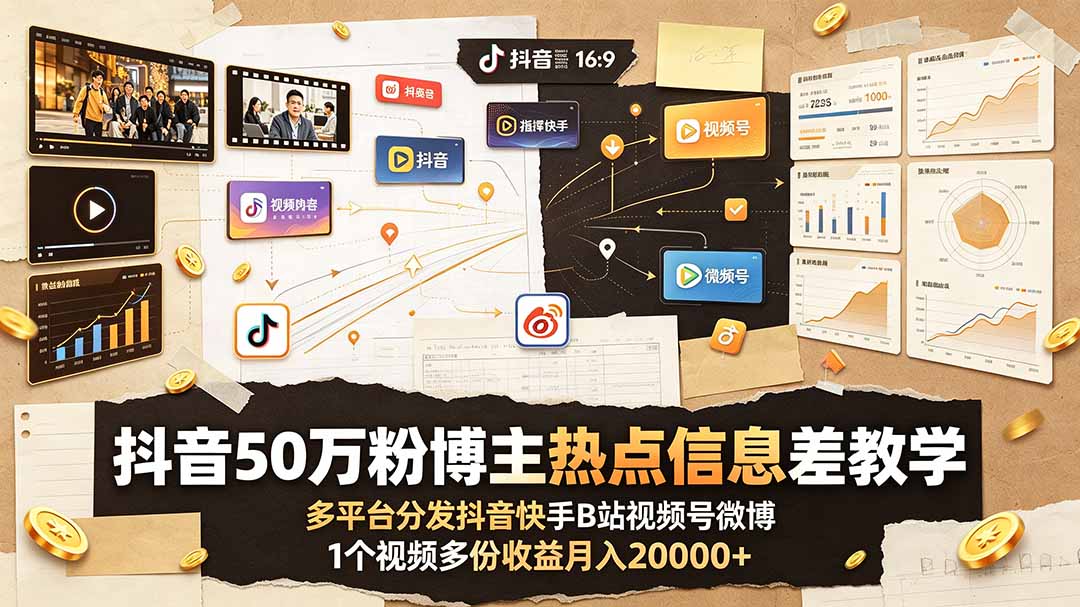 抖音50万粉博主热点信息差教学：多平台分发抖音快手B站视频号微博，1个视频多份收益月入20000+-摇钱树