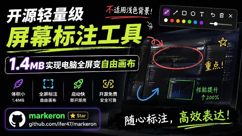 开源轻量级屏幕标注工具,1.4MB实现电脑全屏变自由画布!支持8种标注工具和全键盘操控MarkerOn-摇钱树