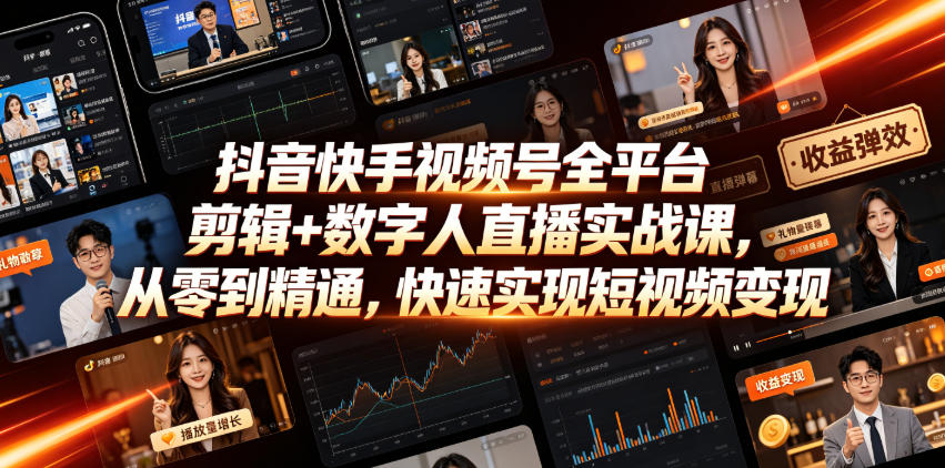 抖音快手视频号全平台剪辑+数字人直播实战课,从零到精通,快速实现短视频变现(更新2026年6月)-摇钱树