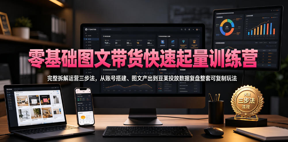 零基础图文带货快速起量训练营,完整拆解运营三步法,从账号搭建、图文产出到豆荚投放数据复盘整套可复制玩法-摇钱树