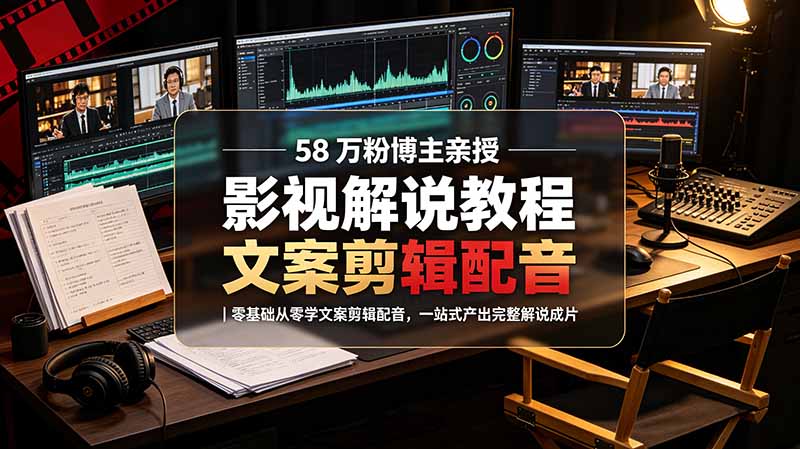 58 万粉博主荧幕春秋亲授影视解说教程|零基础从零学文案剪辑配音,一站式产出完整解说成片-摇钱树