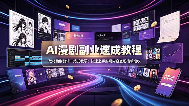 AI漫剧副业速成教程,取材编剧剪辑一站式教学;快速上手实现内容变现接单增收-摇钱树