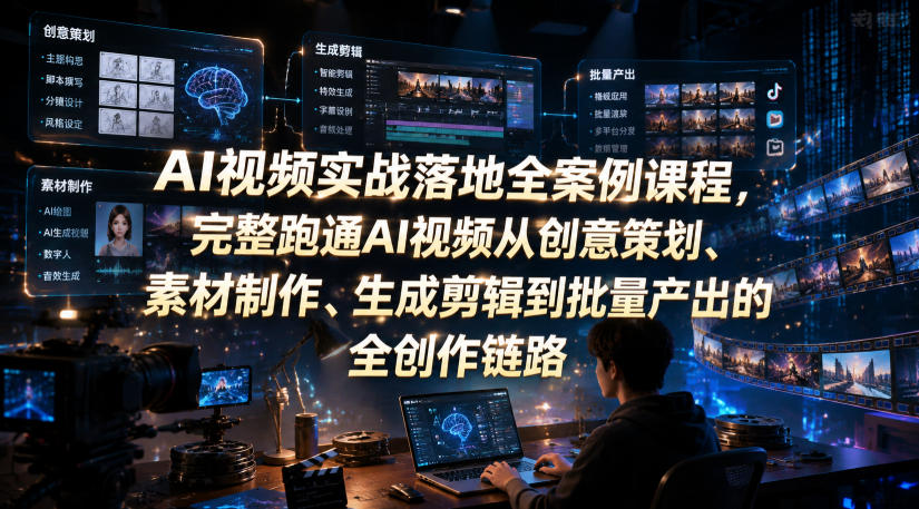 AI视频实战落地全案例课程，完整跑通AI视频从创意策划、素材制作、生成剪辑到批量产出的全创作链路-钱眼网