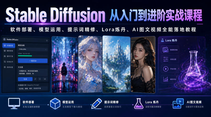 Stable Diffusion从入门到进阶实战课程｜软件部署、模型运用、提示词精修、Lora炼丹、AI图文视频全能落地教程-钱眼网