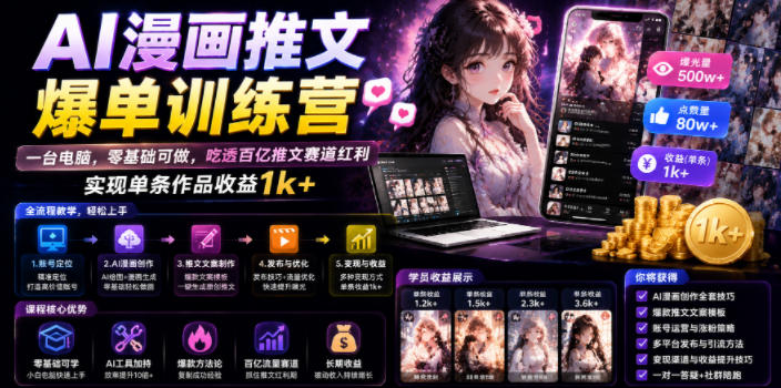 AI漫画推文爆单训练营，一台电脑，零基础可做，吃透百亿推文赛道红利，实现单条作品收益1k+-摇钱树