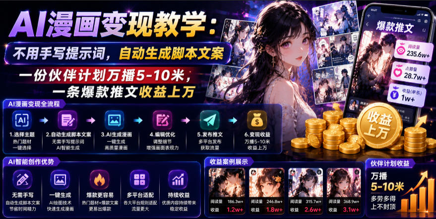 AI漫画变现教学:不用手写提示词,自动生成脚本文案,一份伙伴计划万播5-10米,一条爆款推文收益上W-摇钱树
