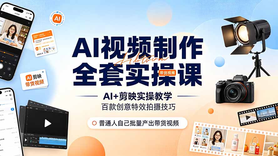 AI视频制作全套实操课，多款AI工具搭配剪映教学，百种特效运镜拍摄实操，抖音账号带货运营全覆盖-摇钱树