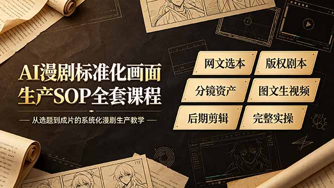 AI漫剧标准化画面生产SOP全套课程,网文选本版权剧本分镜资产全覆盖,图文生视频后期剪辑完整实操教学-摇钱树