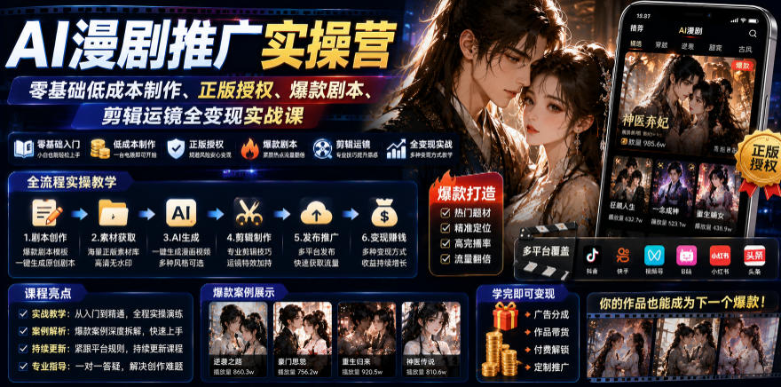 AI漫剧推广实操营｜零基础低成本制作、正版授权、爆款剧本、剪辑运镜全变现实战课-摇钱树