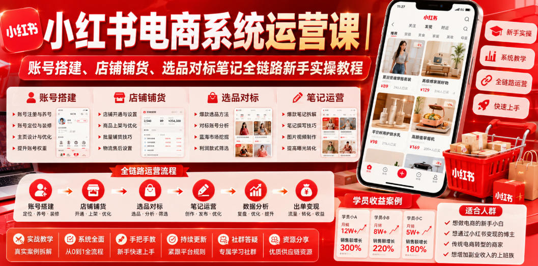 小红书电商系统运营课|账号搭建、店铺铺货、选品对标笔记全链路新手实操教程-轻创驿站