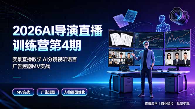2026AI导演直播训练营第4期,实景直播教学AI分镜视听语言,广告短剧MV实战,解决人物画面崩坏痛点-摇钱树