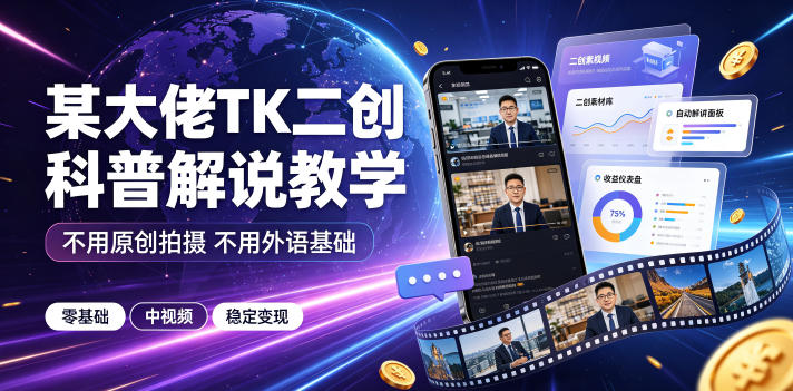 某大佬TK二创科普解说教学,不用原创拍摄不用外语基础,零基础做TikTok中视频稳定变现-摇钱树
