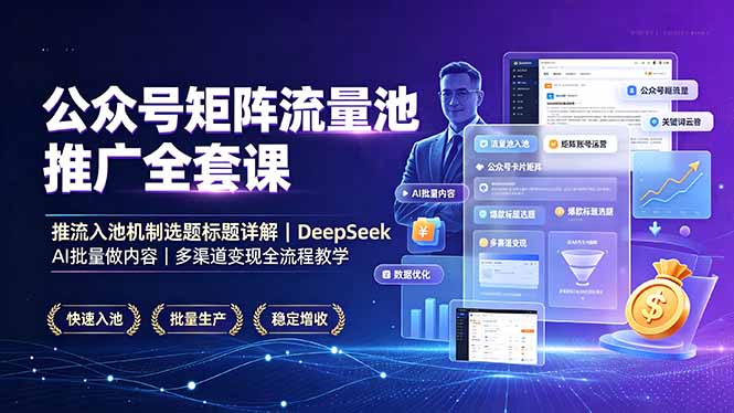 公众号矩阵流量池推广全套课，推流入池机制选题标题详解，DeepSeek AI批量做内容，多渠道变现全流程教学-摇钱树